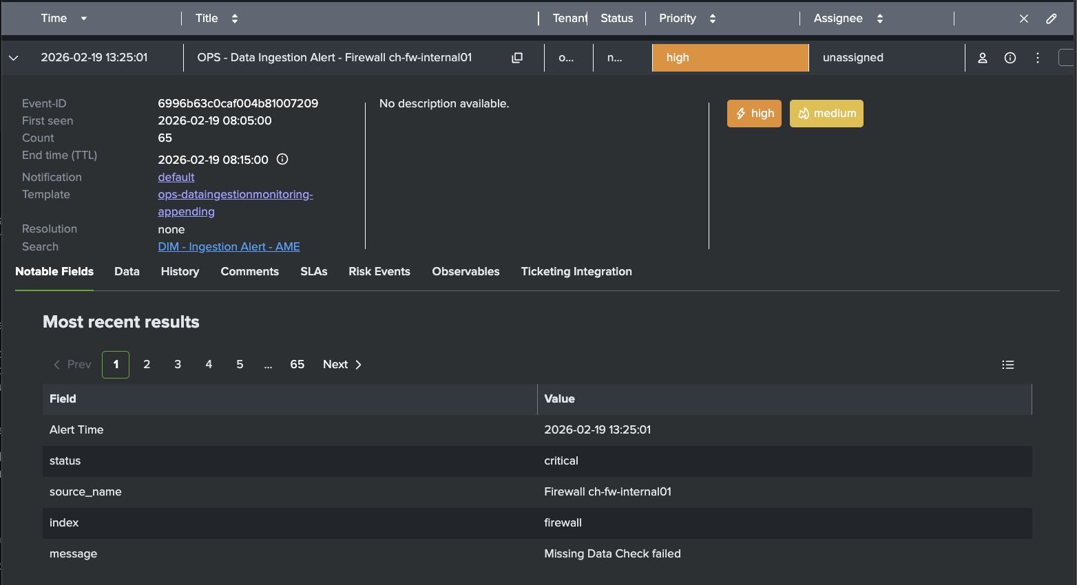 AME Example Event for Missing Firewall Logs