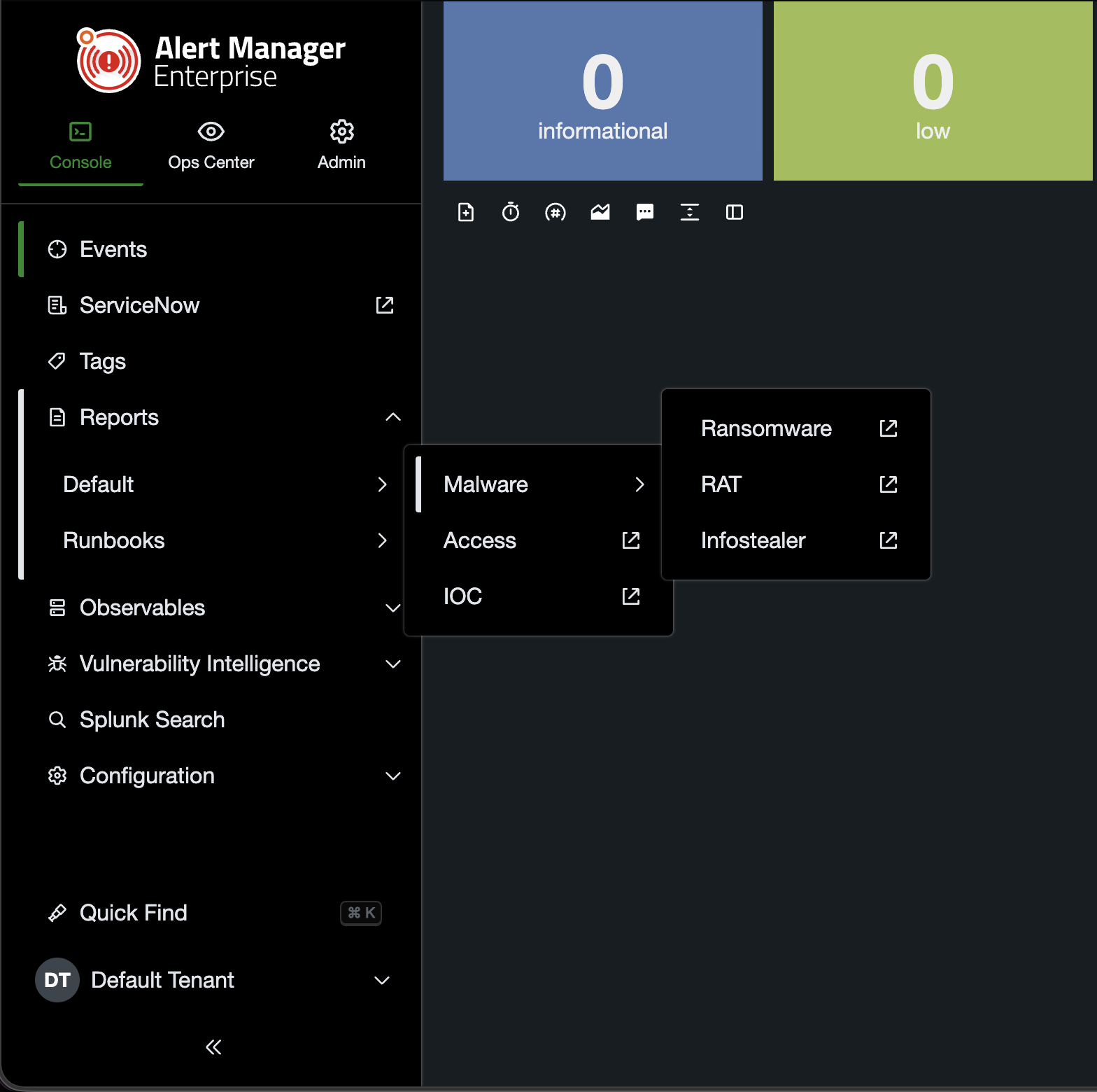 Expanded AME navigation showing Console, Ops Center, and Admin, with nested report menus open