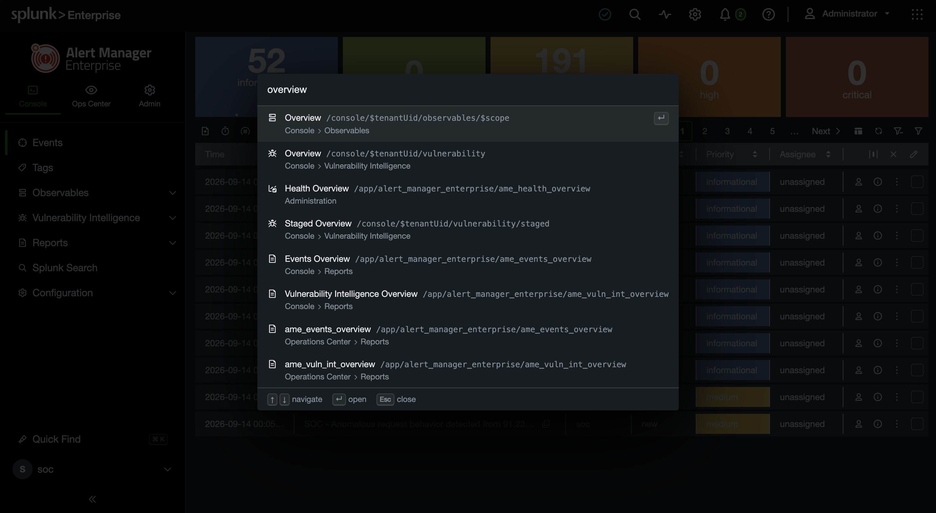 Quick Find searching for tag, with matching pages labeled by Console, Operations Center, and Vulnerability Intelligence, and keyboard controls below