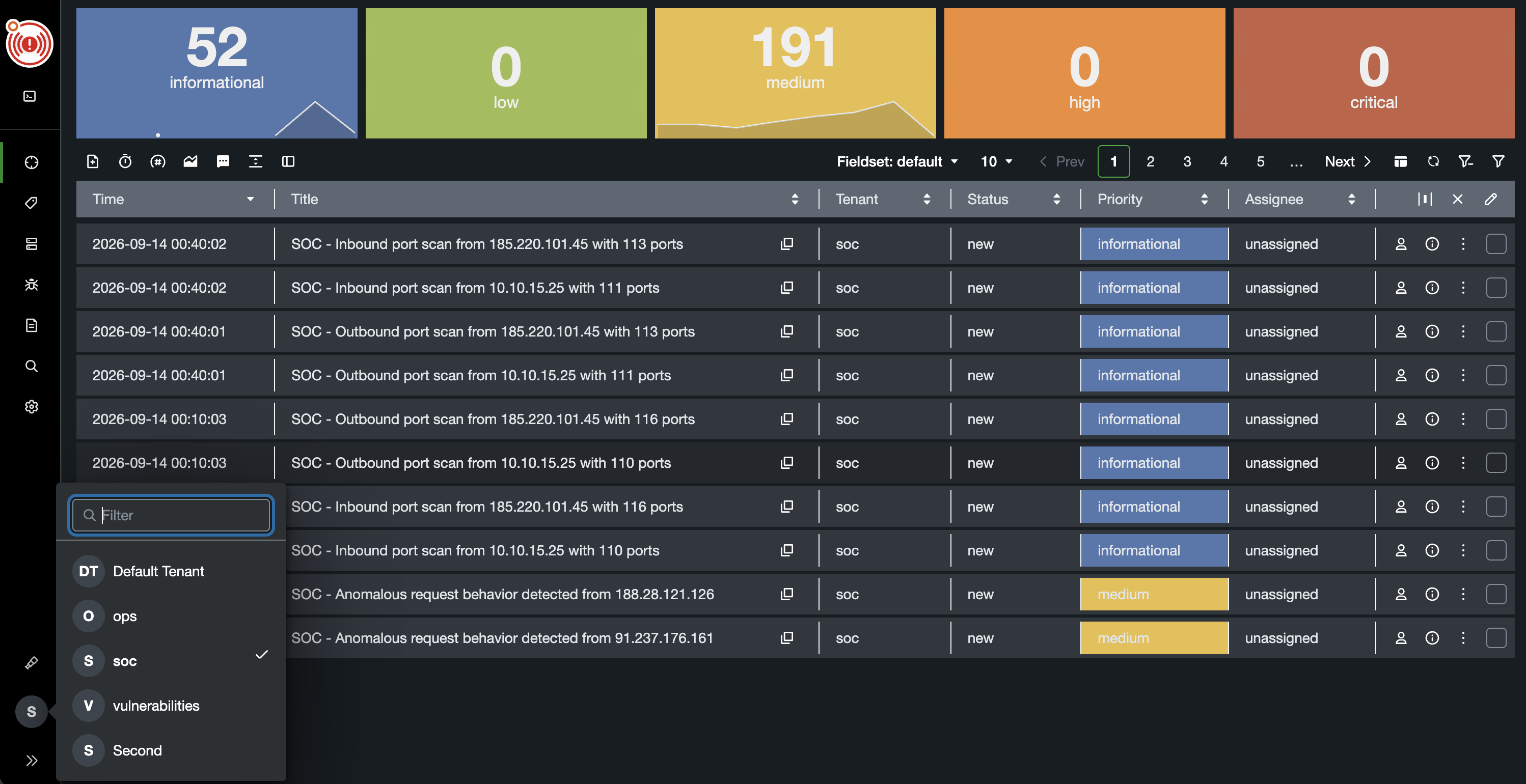 Collapsed icon navigation beside the event queue, with a searchable tenant picker open and the soc tenant selected